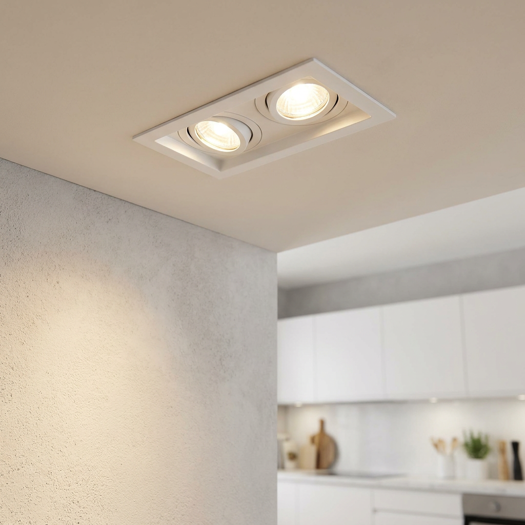 Twin matt white recessed downlight installed in a ceiling, illuminating a textured wall in a modern kitchen.