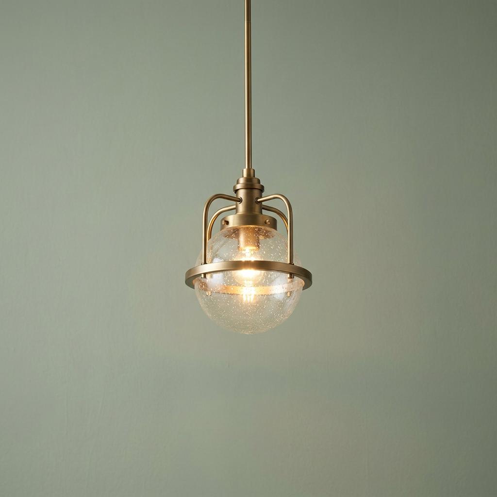 Brass pendant light with a seeded glass globe shade and a metal frame against a light green wall.