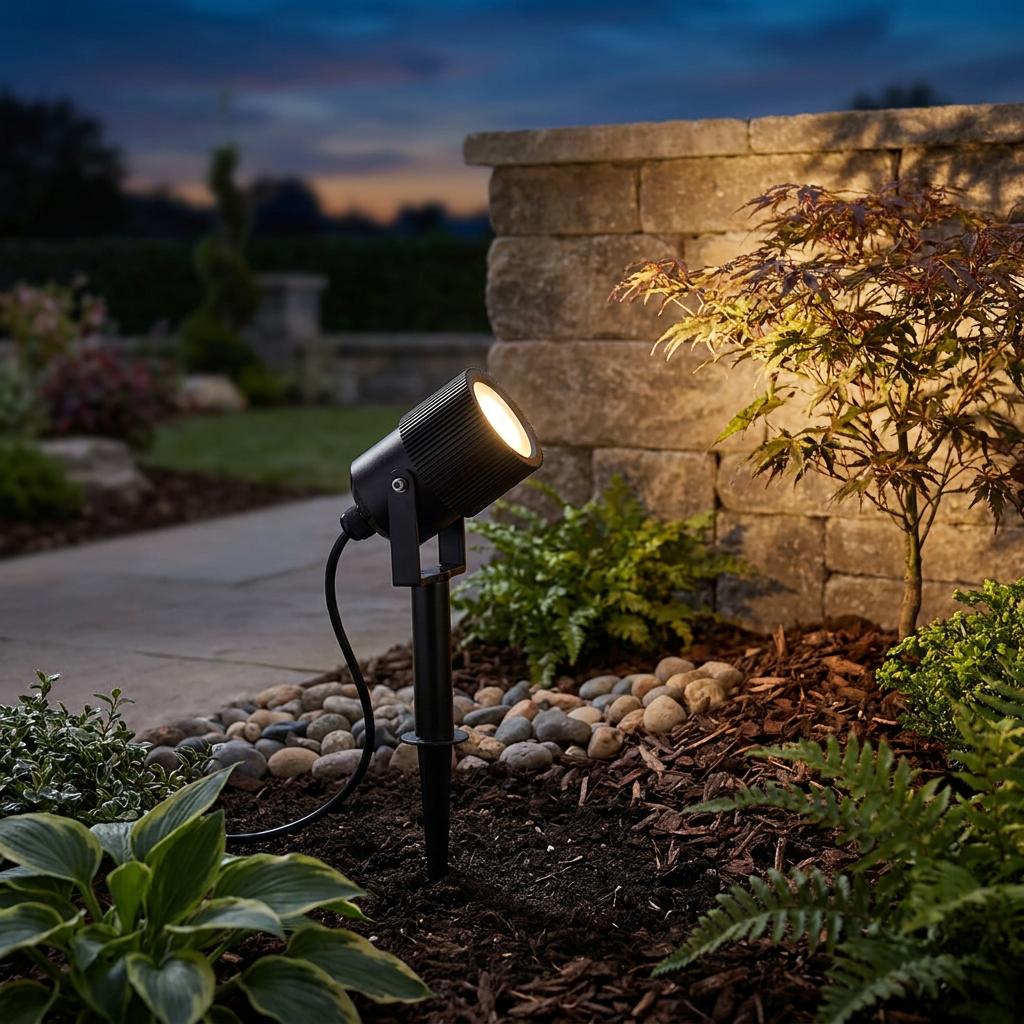 Black ribbed garden spike light illuminating a small tree and stone wall at dusk.