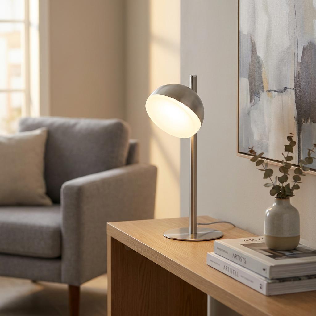 Tully satin silver table lamp with a glowing dome head on a wooden table next to a grey armchair.