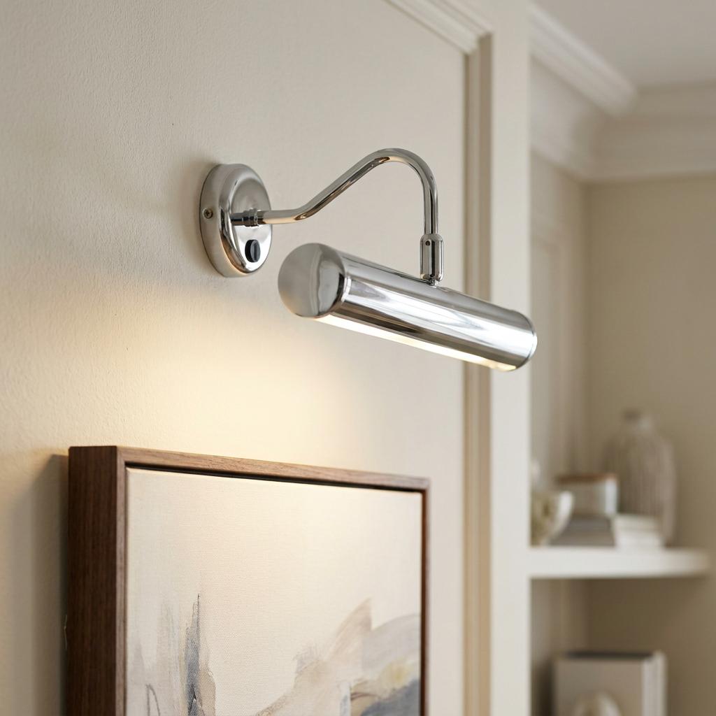 Modern chrome LED picture light mounted on a wall, casting a warm glow over a framed painting.