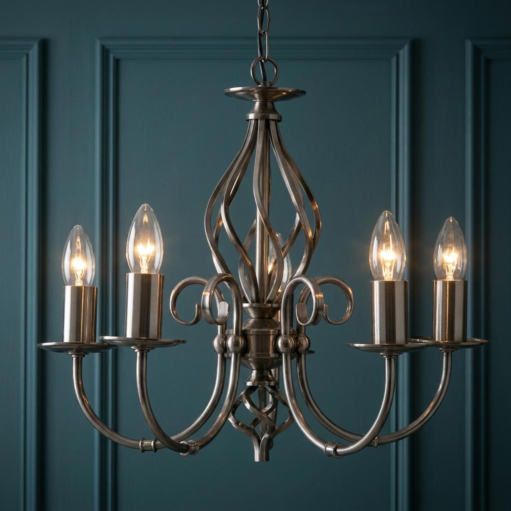 Tuscany antique silver five-light chandelier with glowing candle bulbs against a dark teal paneled wall.