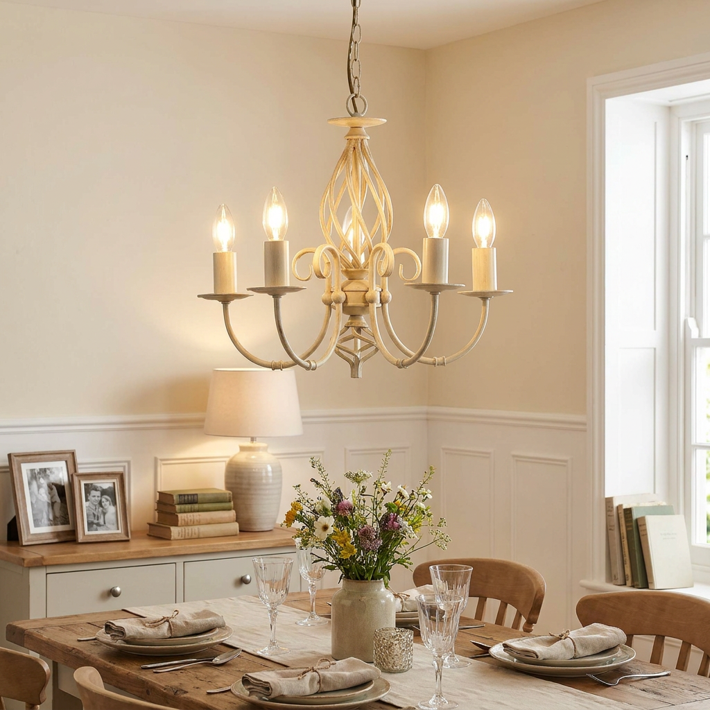 Five-light ivory chandelier with scrolled arms illuminating a farmhouse-style dining room table and centerpiece.
