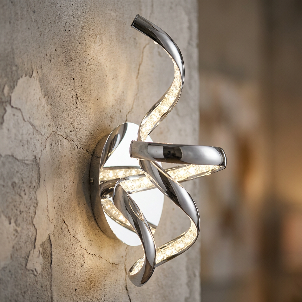 Modern chrome wall lamp with twisting crystal-lined arms glowing on a neutral textured wall.