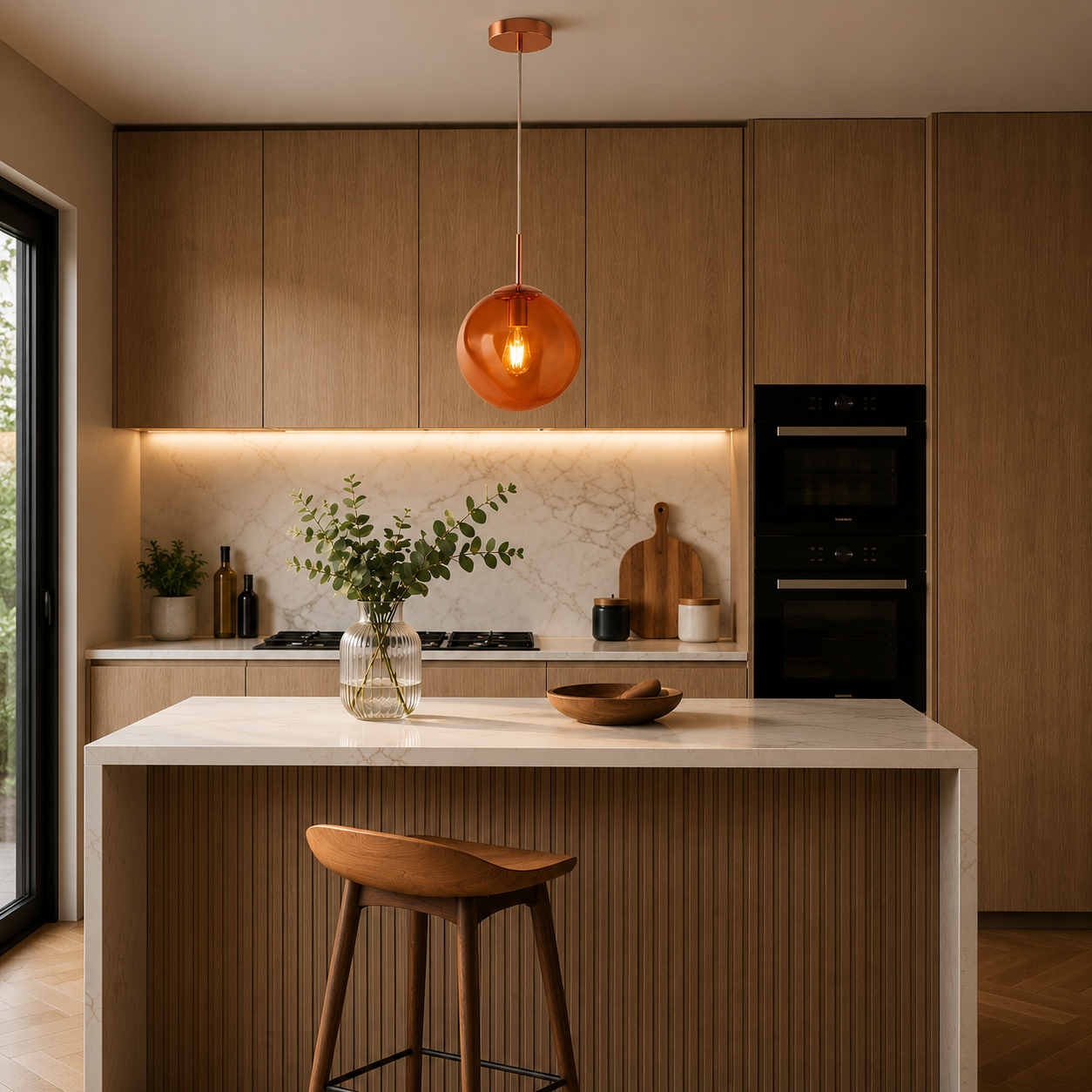 Modern kitchen with wooden cabinets, a island, and pendant light.
