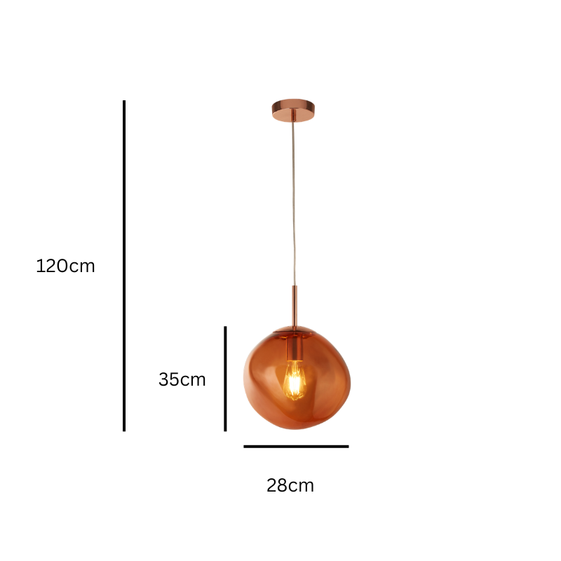Pendant light with dimensions indicated on a white background
