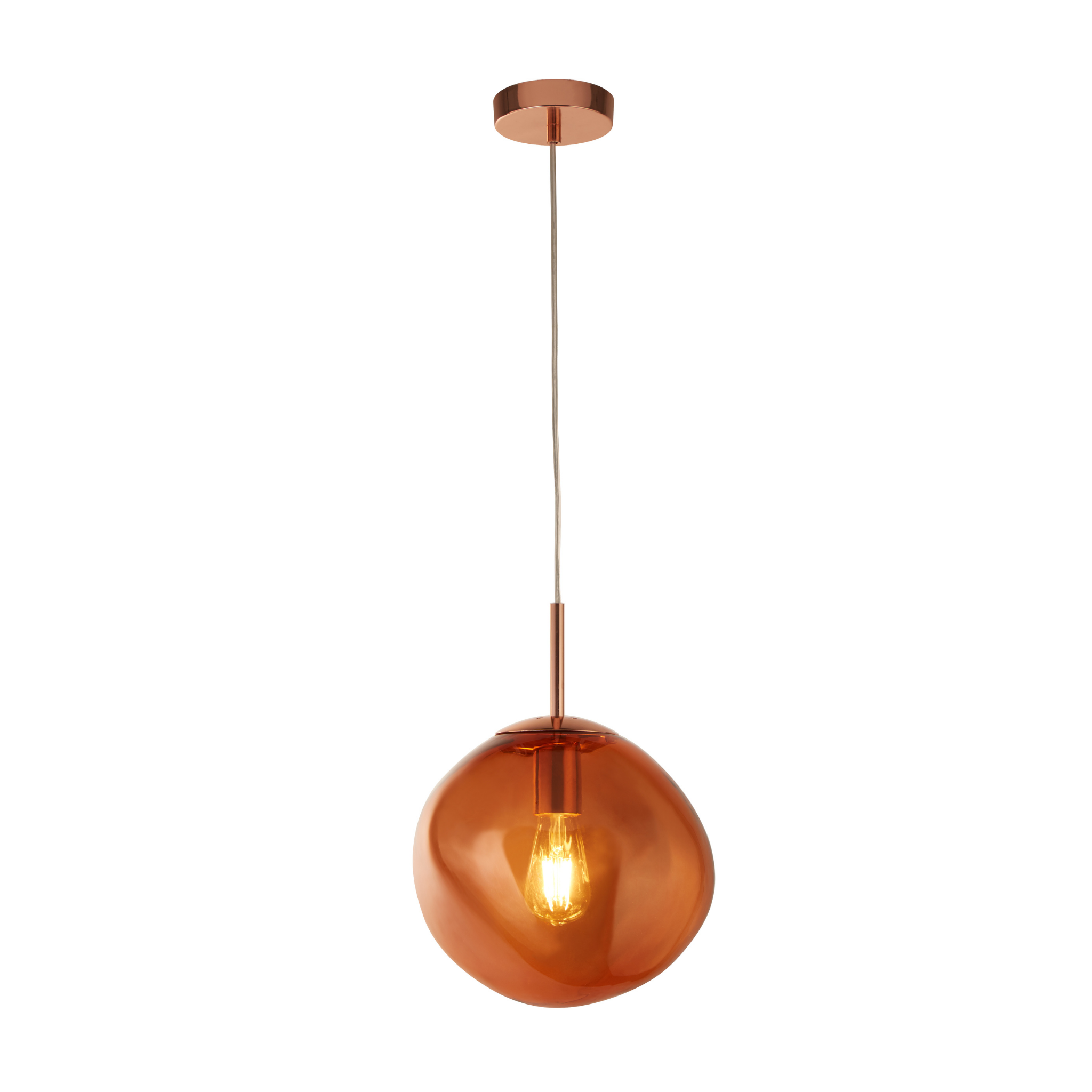 Copper pendant light with a Amber glass shade on a white background