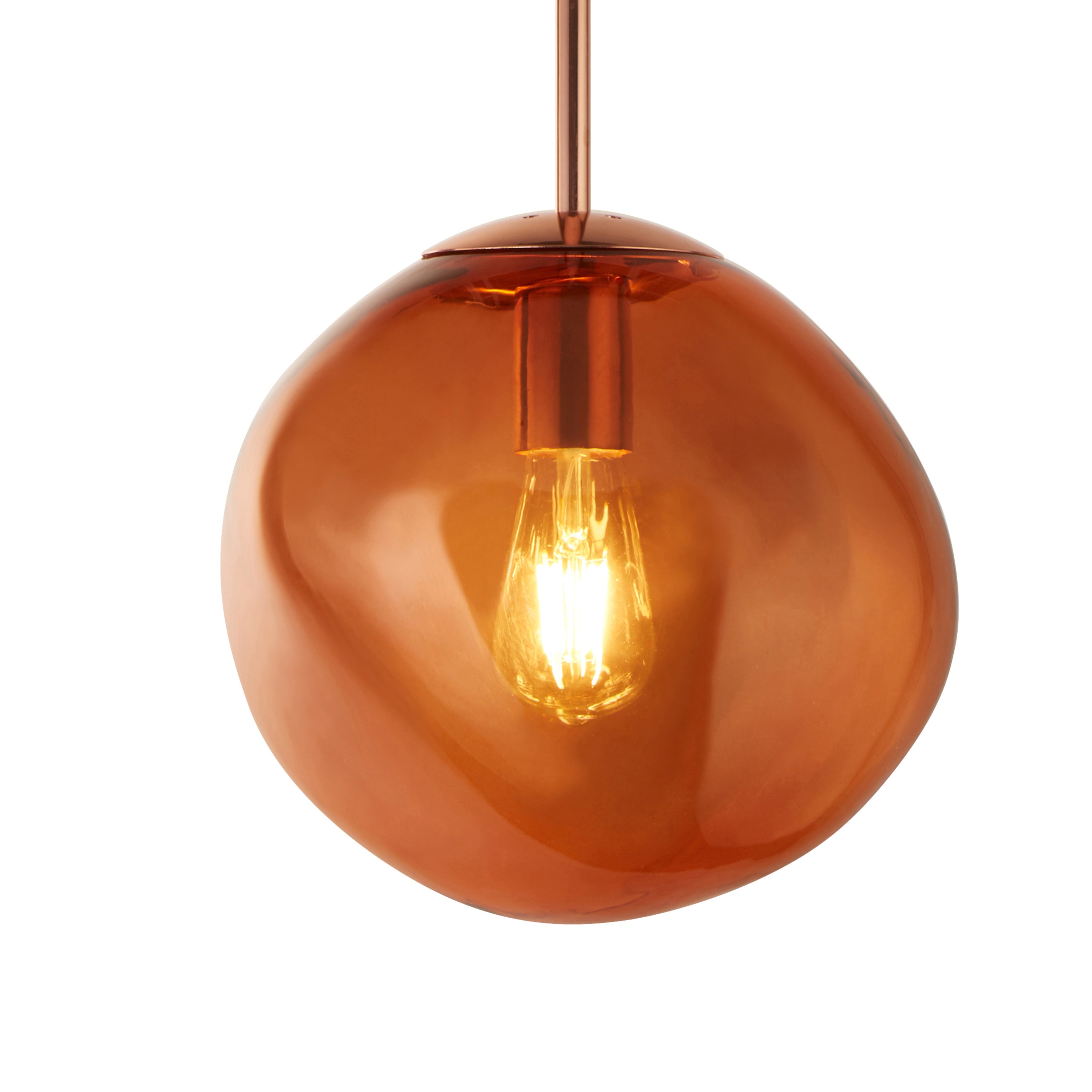 Copper pendant light with a visible bulb on a white background