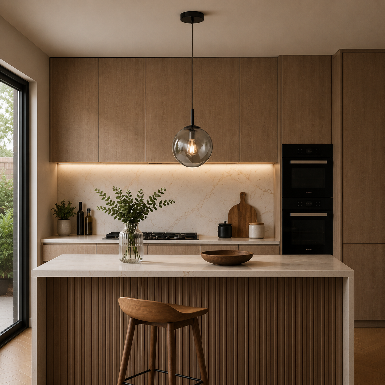Modern kitchen with wooden cabinets, a island, and pendant light.