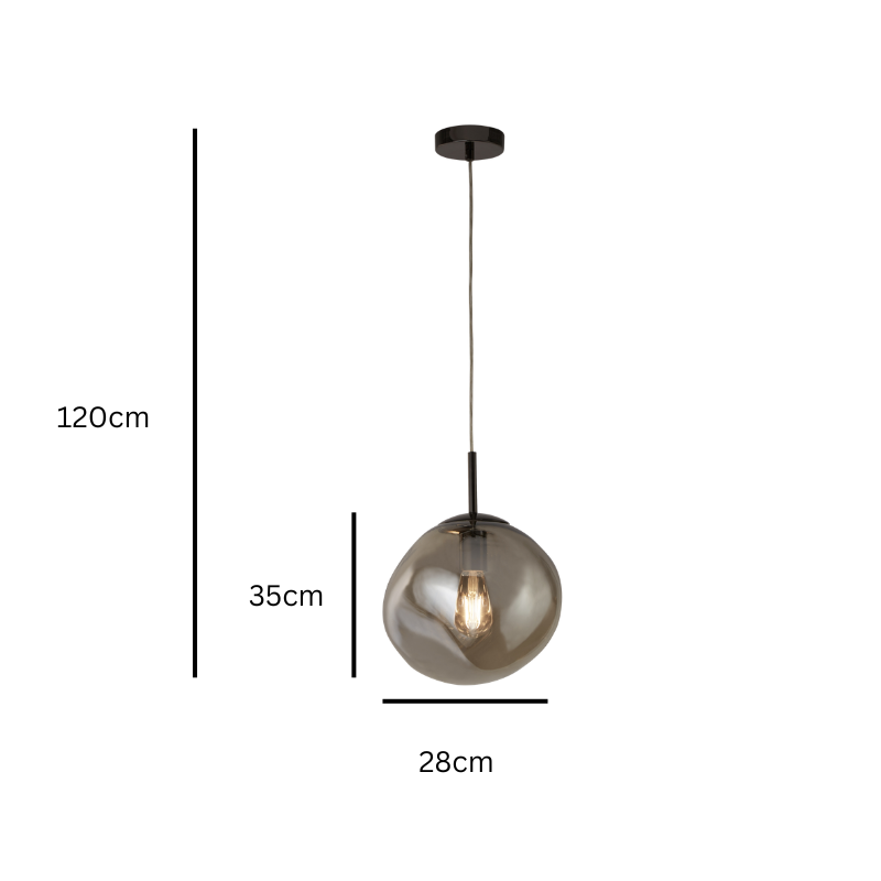 Pendant light with dimensions indicated on a white background