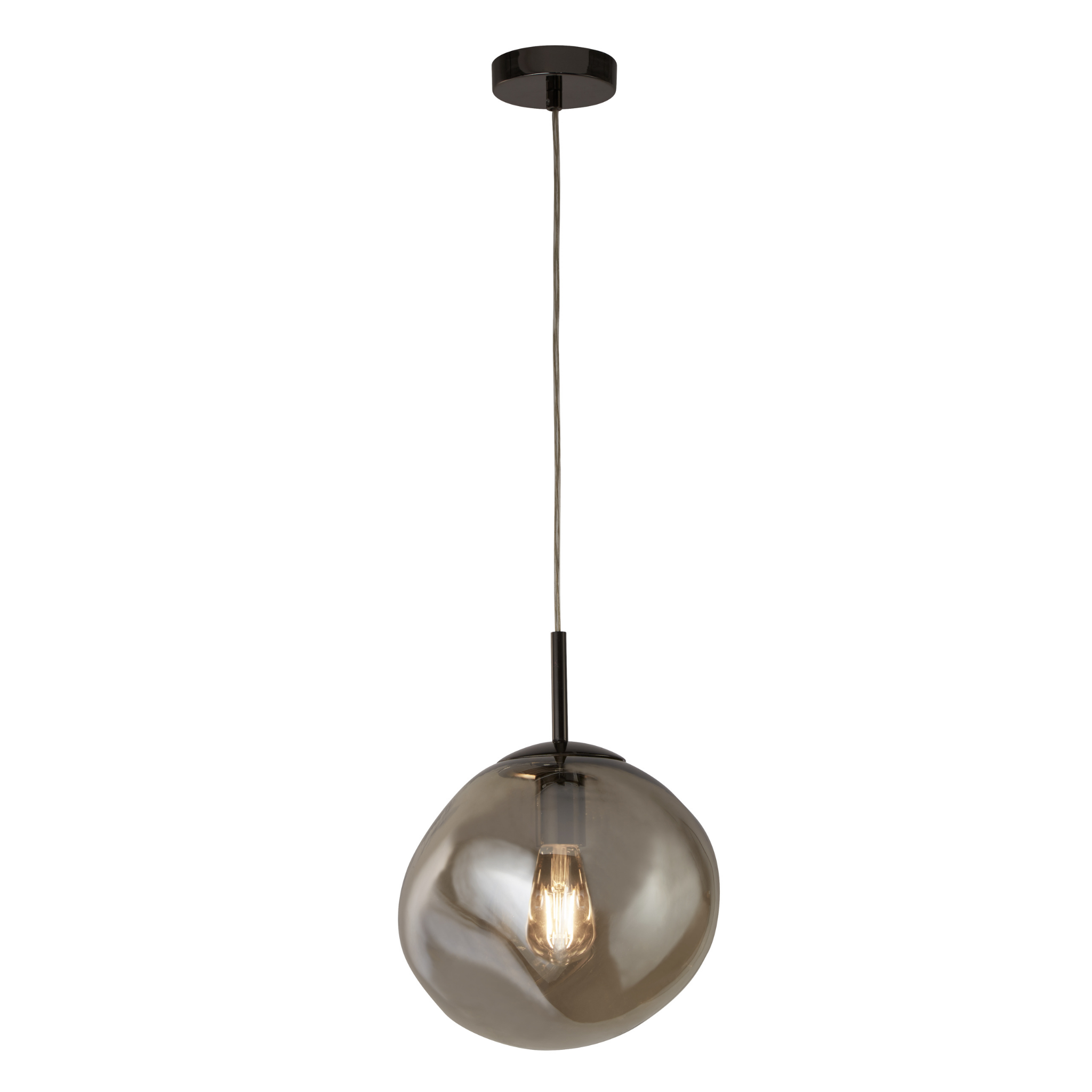 Pendant light with smoked glass shade and black fixture on a white background