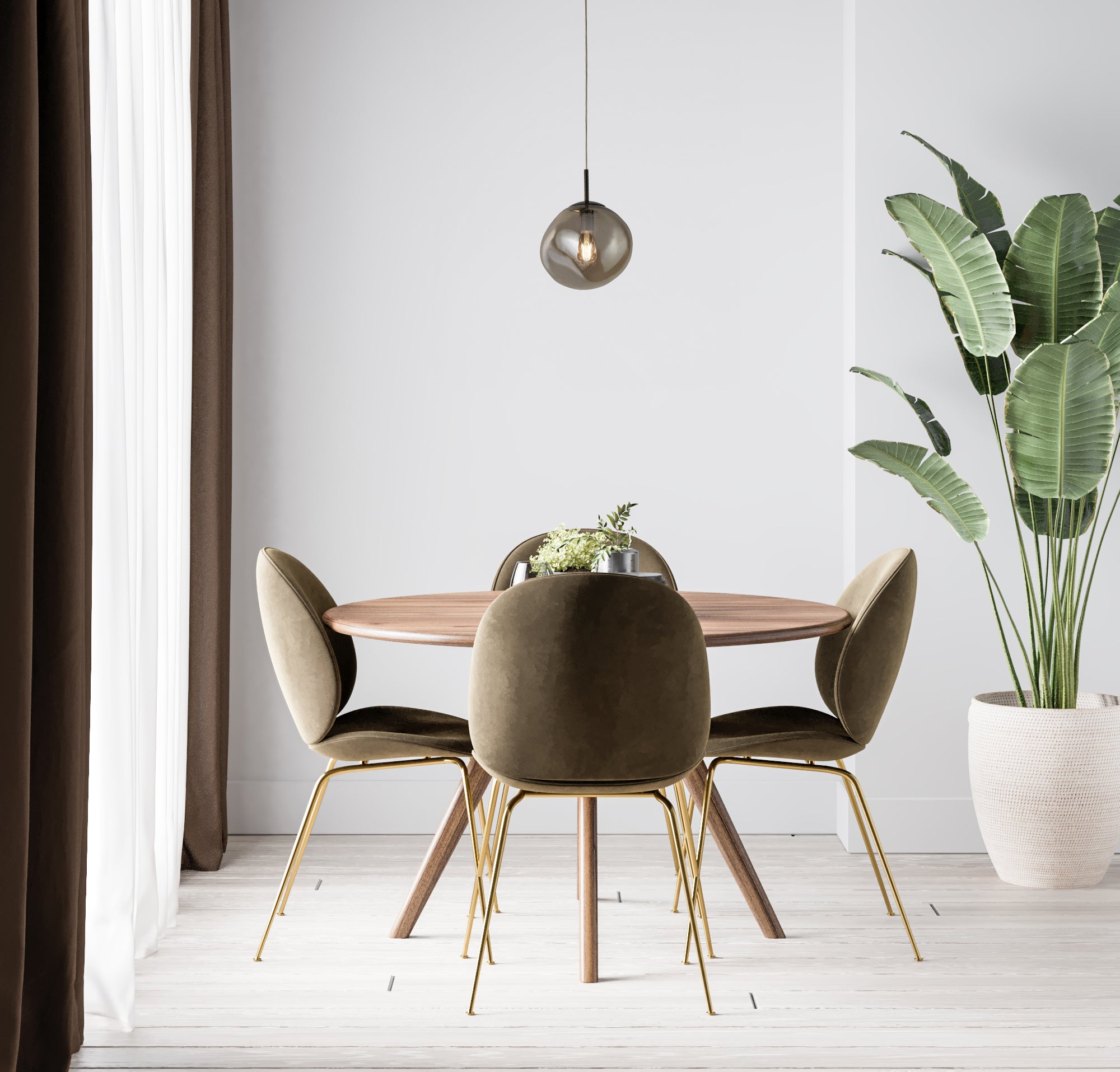 Dining area with a round wooden table and four upholstered chairs in a modern interior setting. Smoked glass pendant kitchen ceiling light