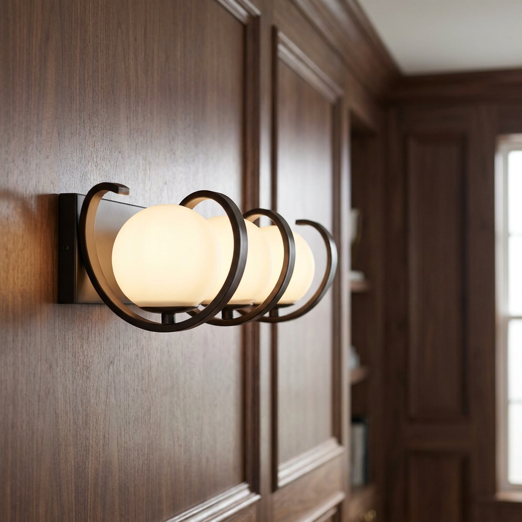 Twister three-light black wall sconce with glowing opal glass spheres and curved metal arms on a wood-paneled wall.