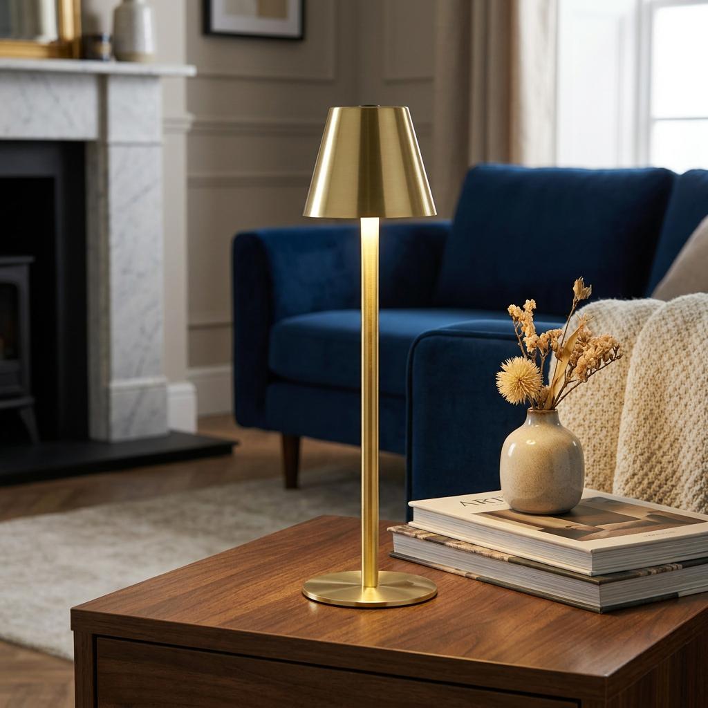Slim brushed gold rechargeable LED table lamp lit on a wooden side table in a cozy living room.