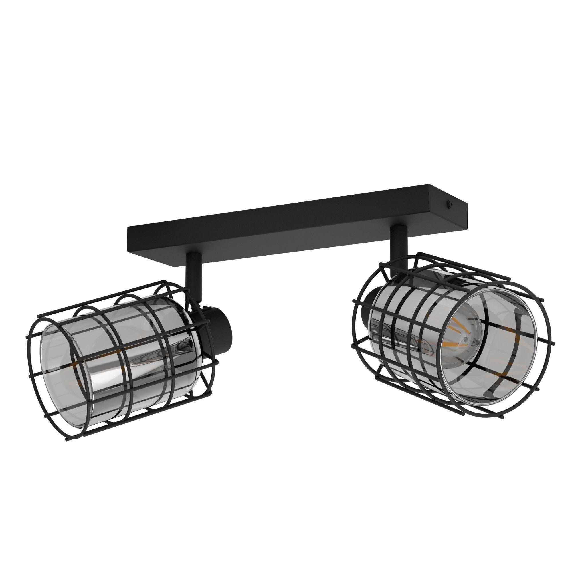 eglo consaca black wire smoked glass 2 light bar spotlight living room close up