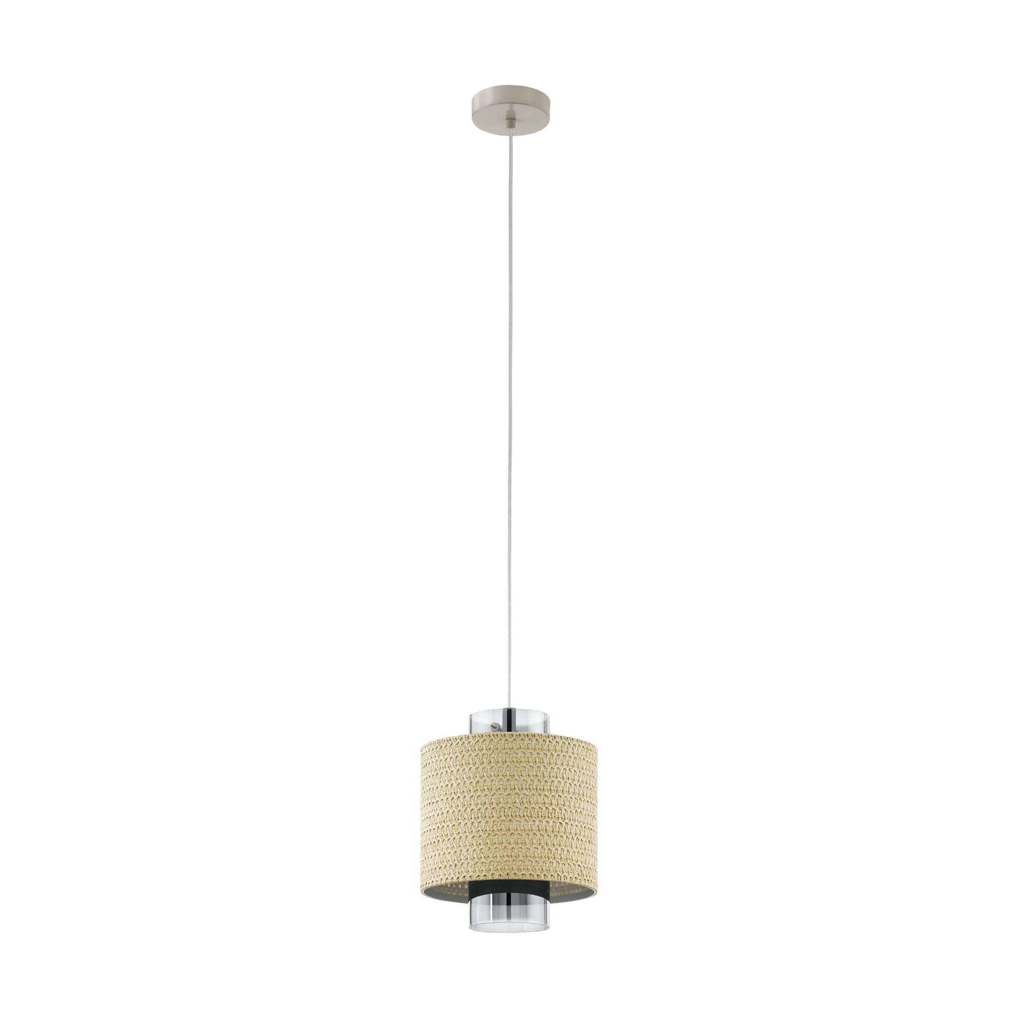 eglo mediouna seagrass and glass ceiling pendant living room close up