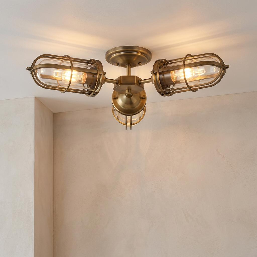 Industrial brass three-light semi-flush ceiling fixture with caged glass shades glowing against a neutral wall.