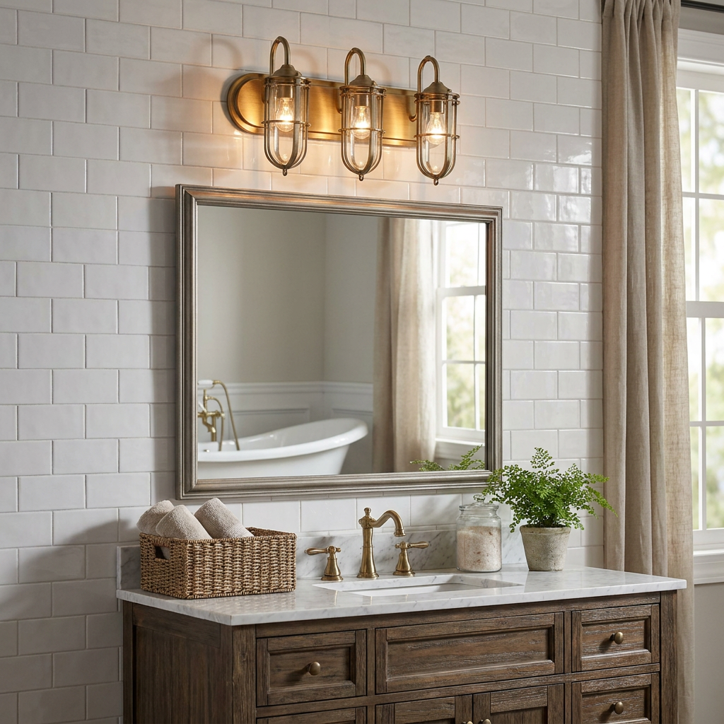 Industrial 3-light brass wall fixture mounted above a bathroom mirror with white subway tiles.