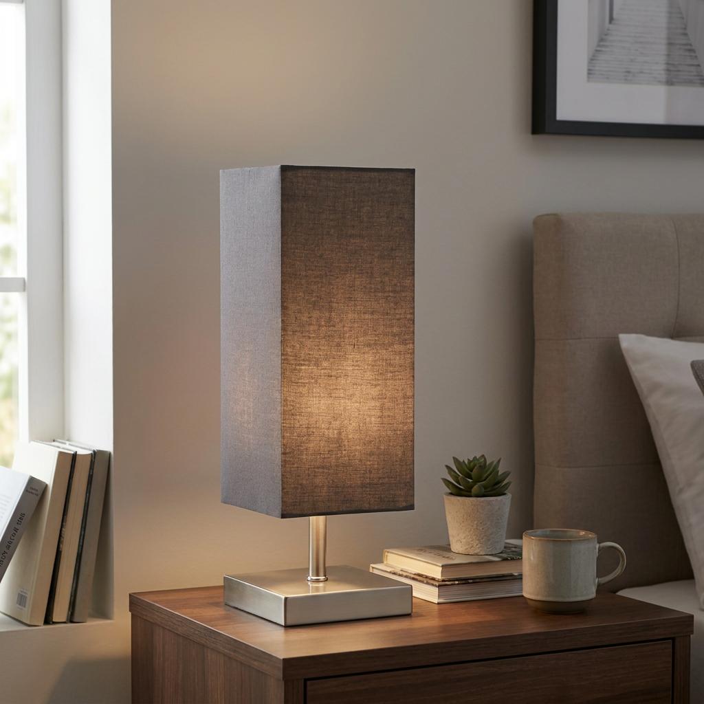 A modern satin silver table lamp with a dark grey rectangular fabric shade on a wooden nightstand in a cozy bedroom.