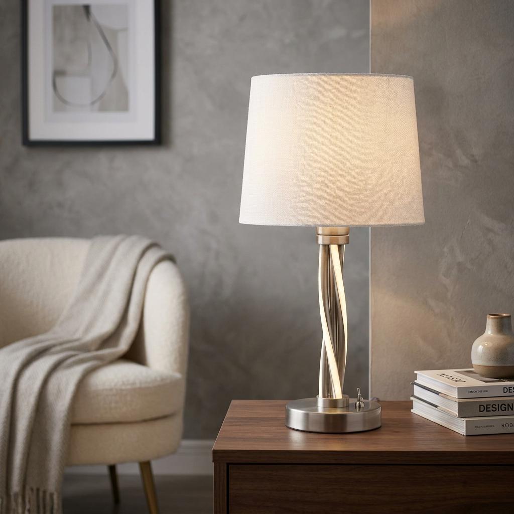 Modern satin silver table lamp with an illuminated twisted base and white shade, sitting on a wooden side table.