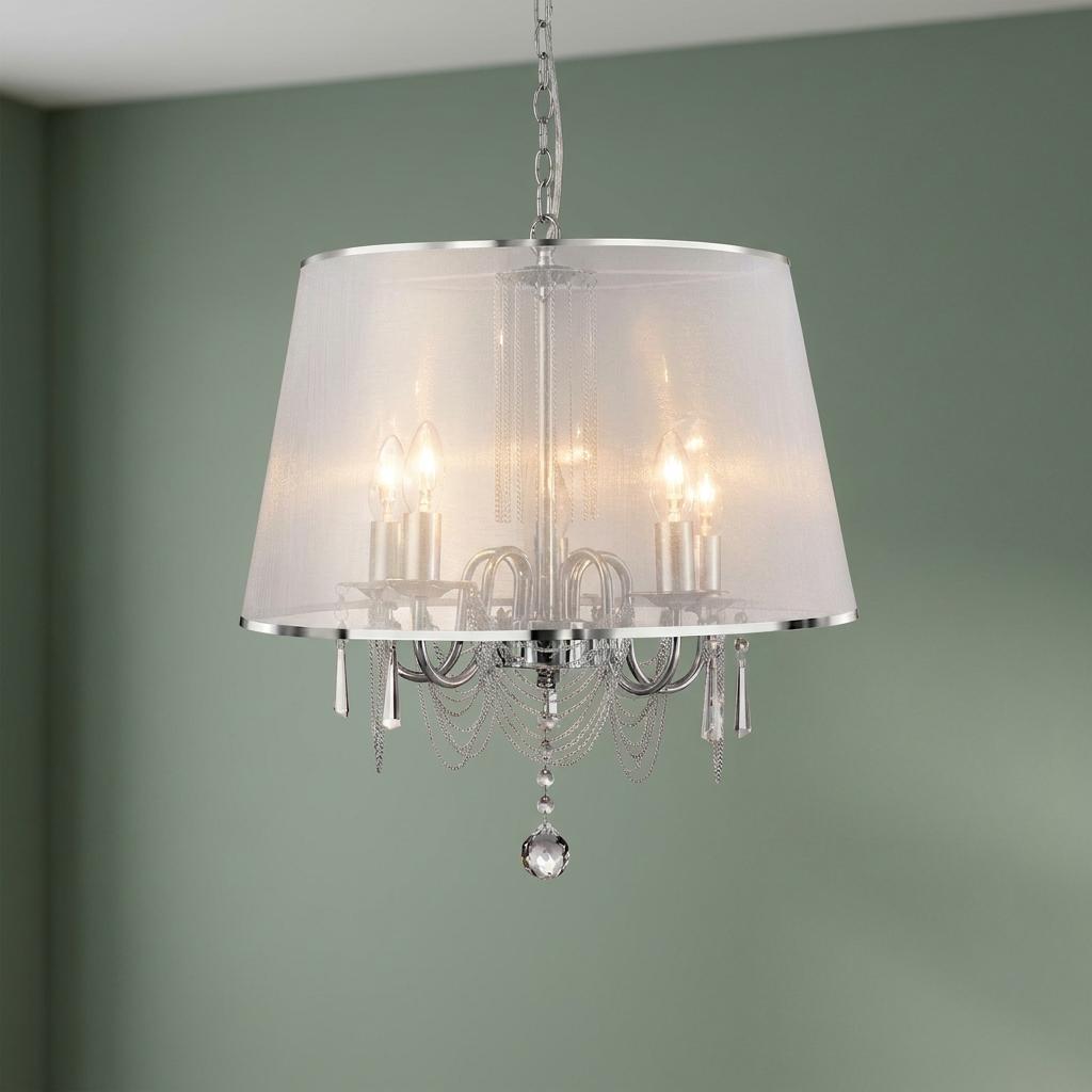 Venetian 5-light chrome pendant featuring a white voile shade and elegant crystal accents against a sage green wall.