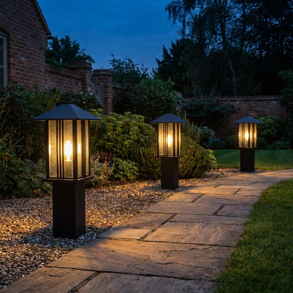 Three lit Venice outdoor black bollard lights with water glass lanterns along a stone garden path at dusk.