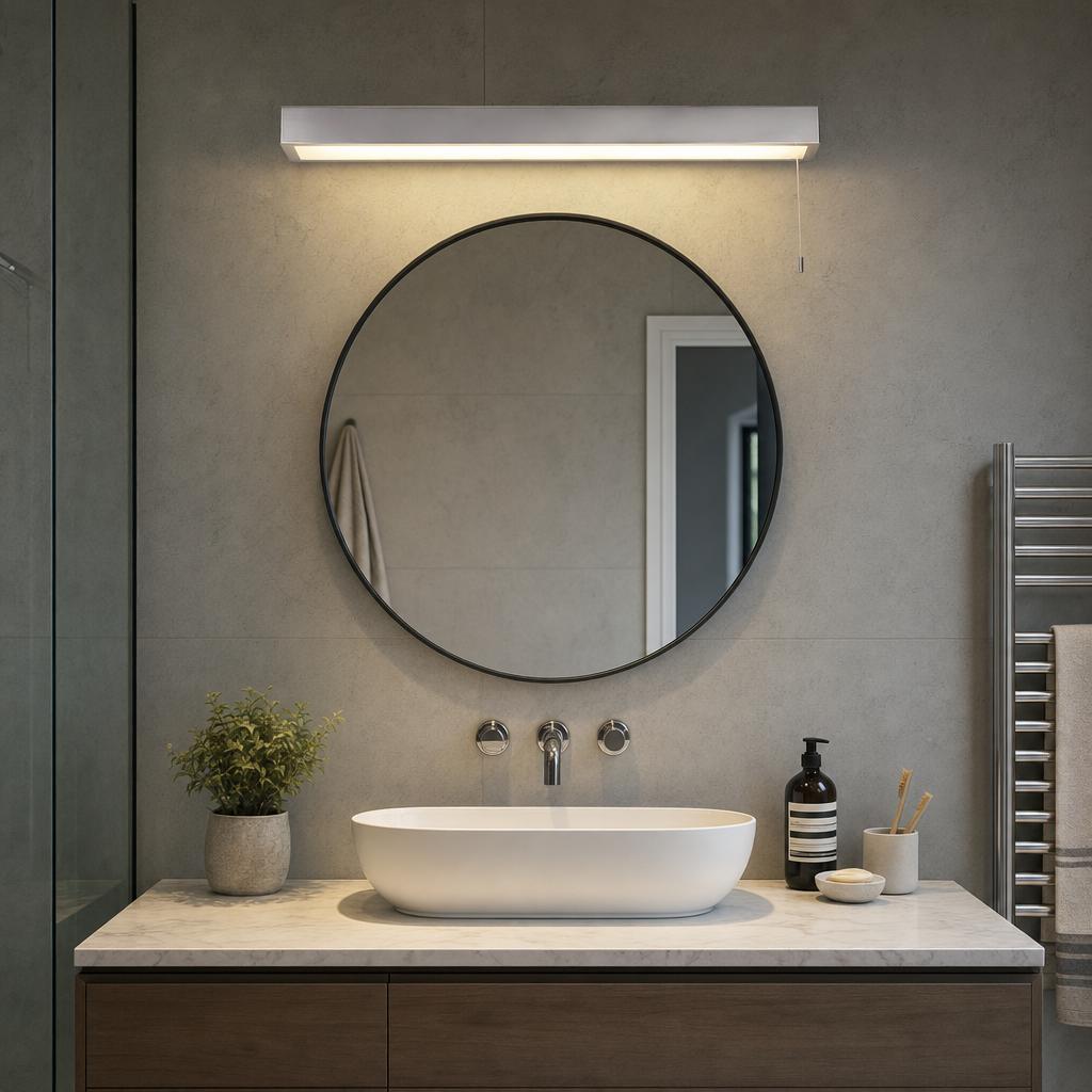Modern polished chrome linear wall light illuminating a round bathroom mirror and white vessel sink.