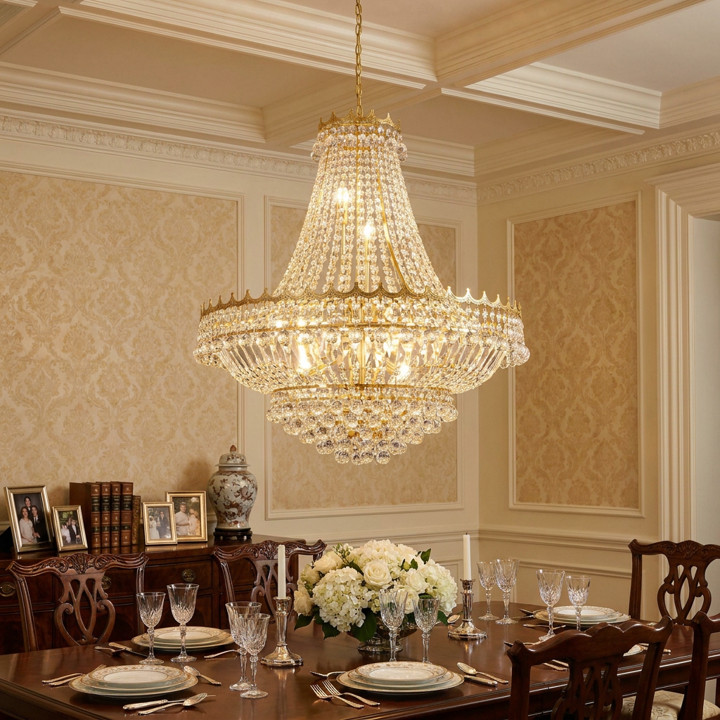 Versailles 13-light gold and clear crystal chandelier hanging in an elegant dining room with a formal table setting.