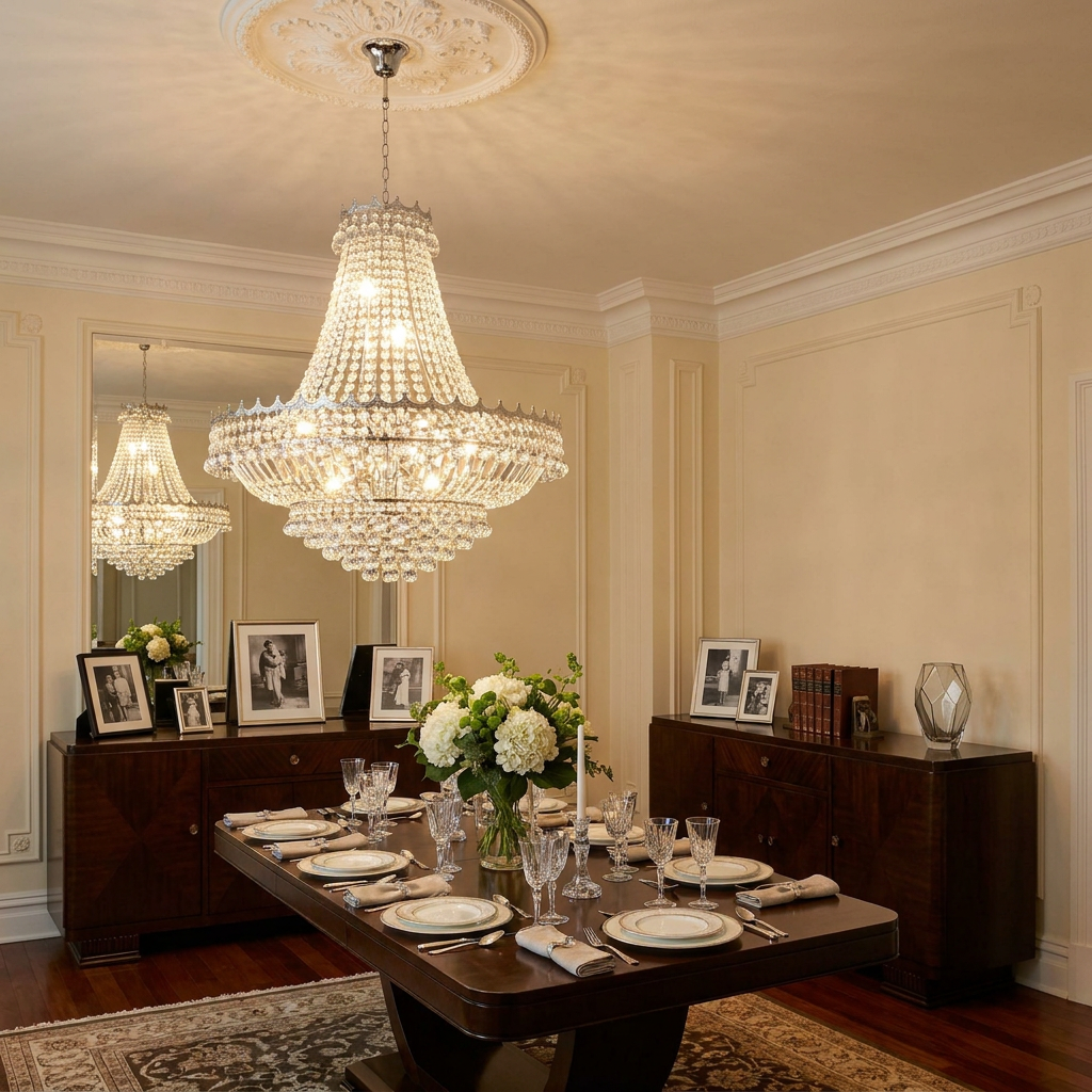 Large Versailles crystal chandelier hanging over a set formal dining table in an elegant, classic room.