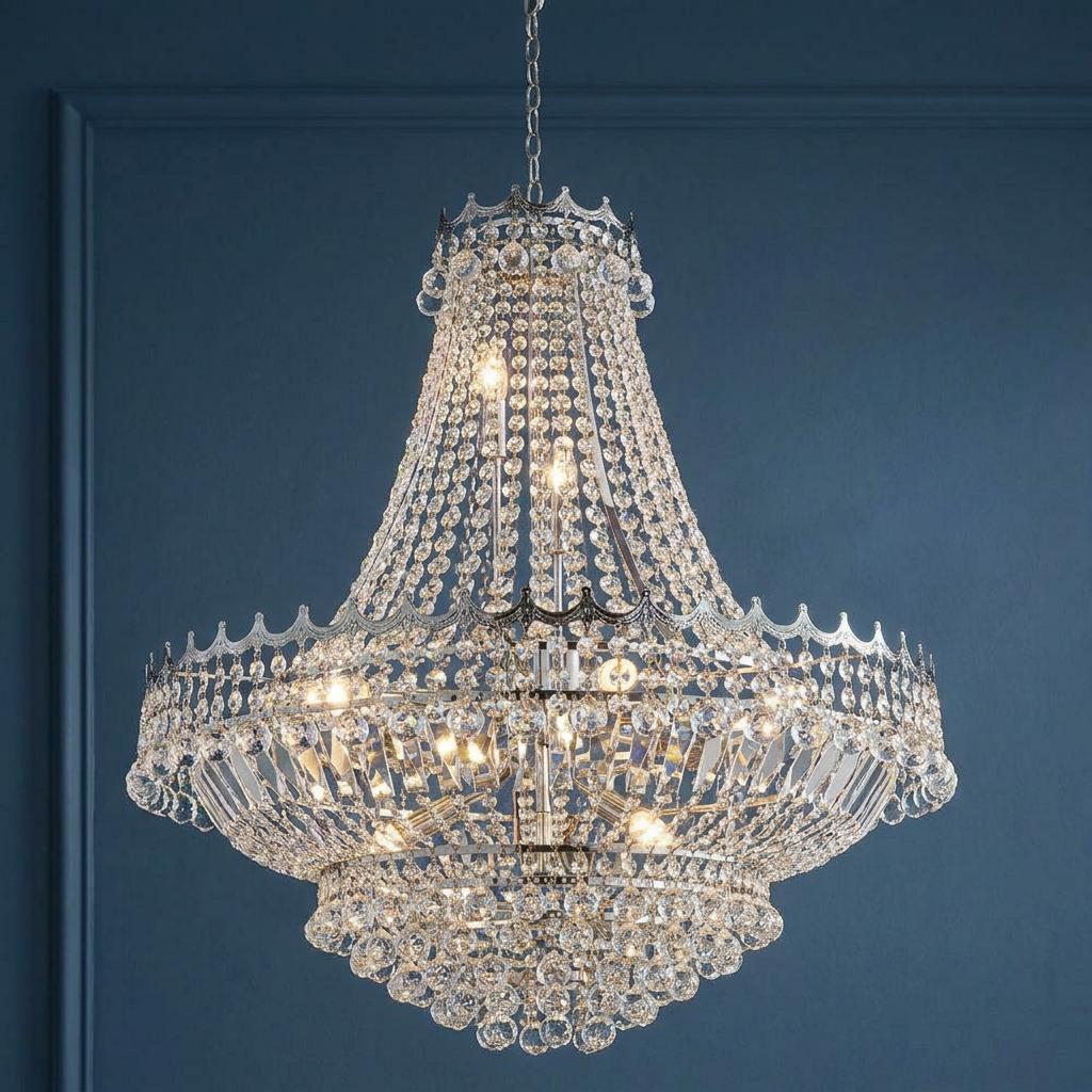 Versailles 13-light chrome and clear crystal chandelier with tiered beads and prisms against a dark blue wall.