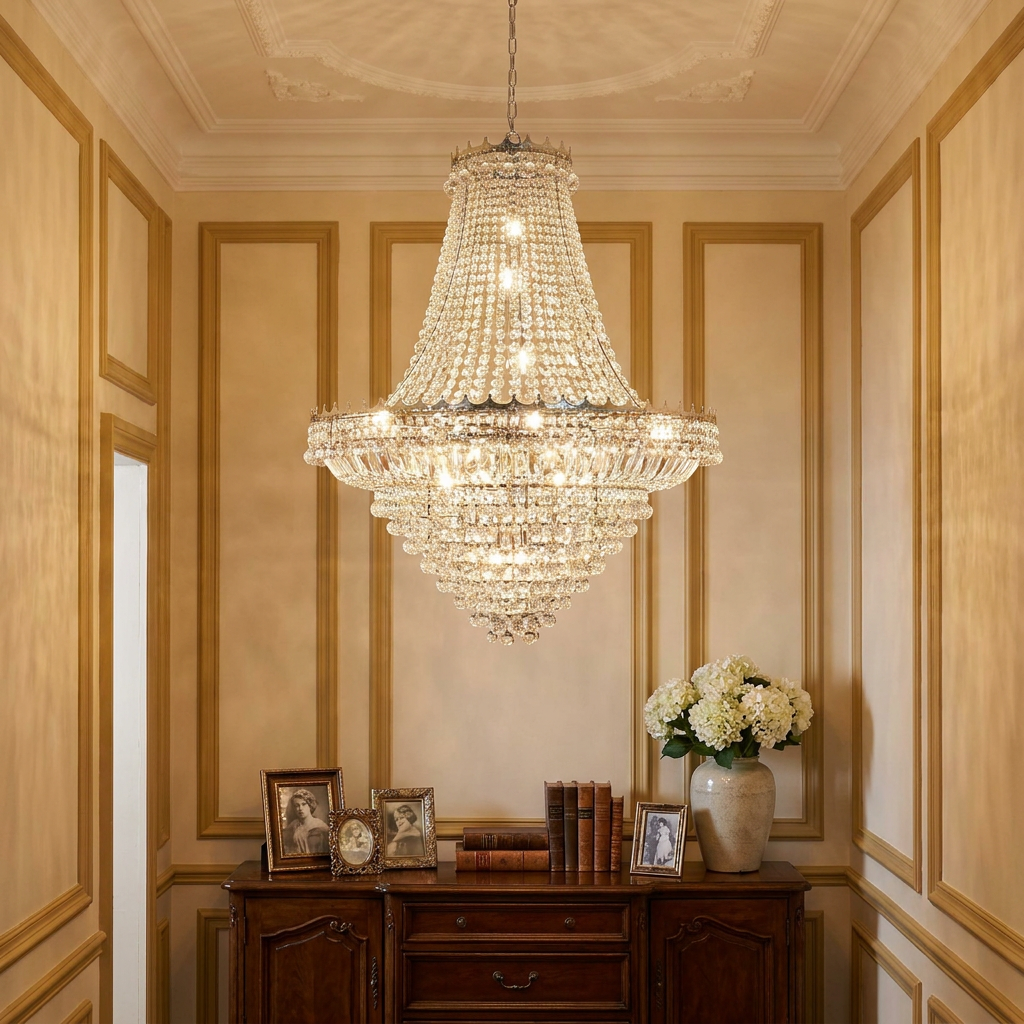Versailles 19-light chrome and clear crystal chandelier in an elegant hallway above a vintage wooden sideboard.