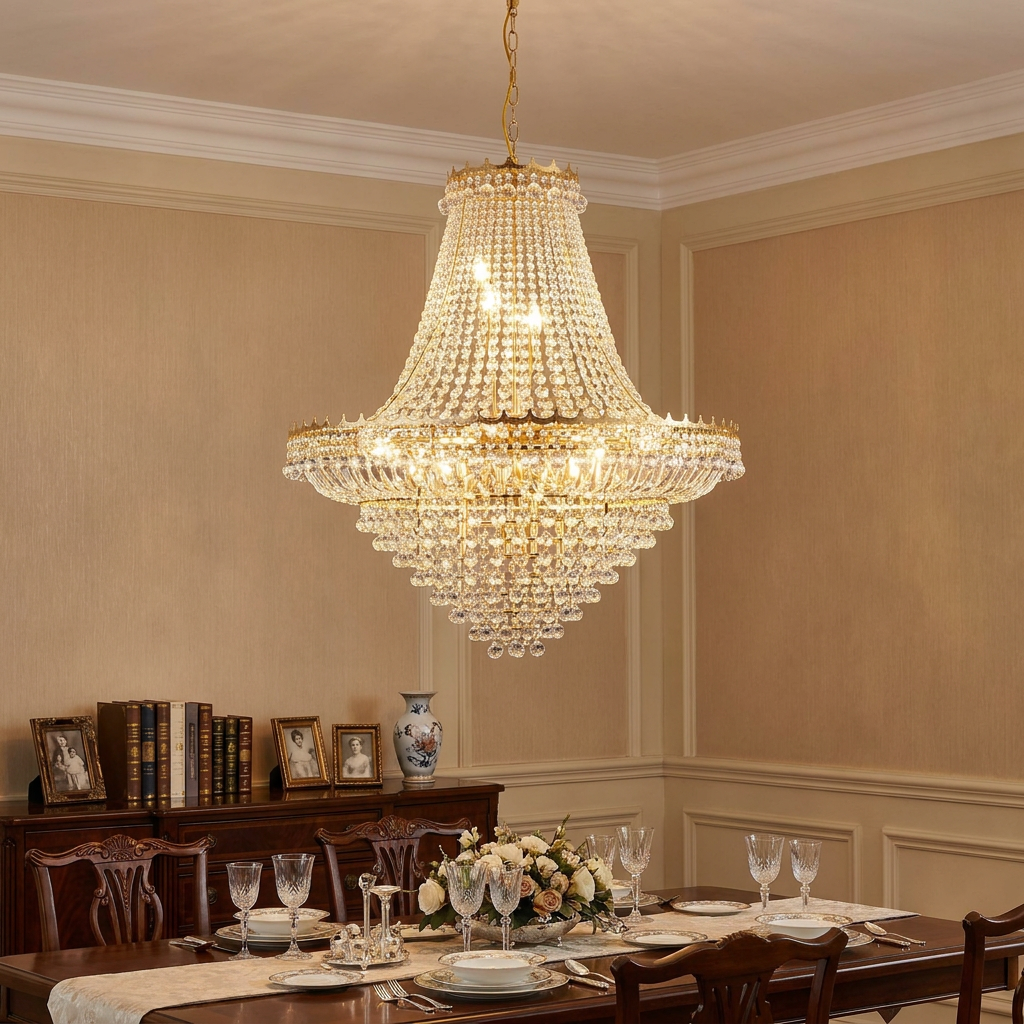 Versailles crystal chandelier with gold accents hanging above a formally set dining table in a warm room.
