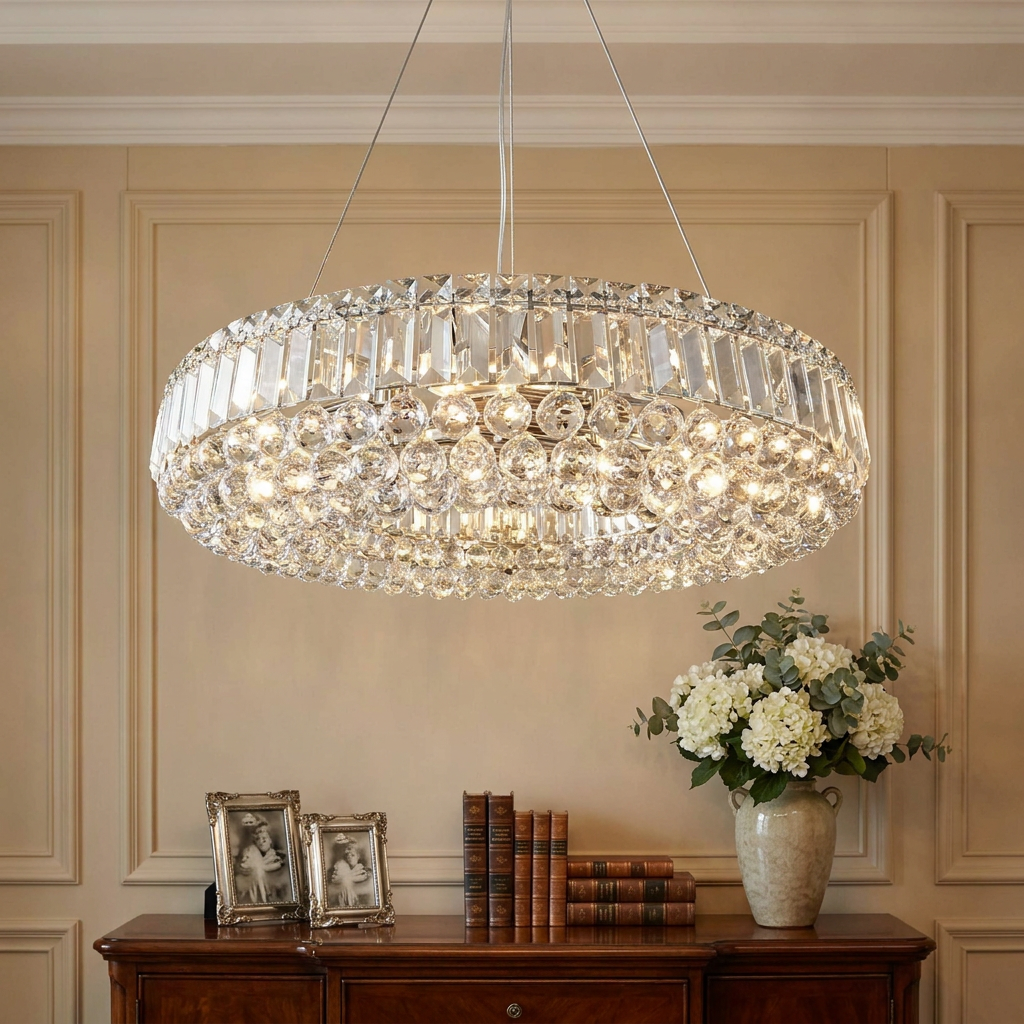 Vesuvius circular chrome and crystal pendant light hanging above a wooden sideboard with books and flowers.