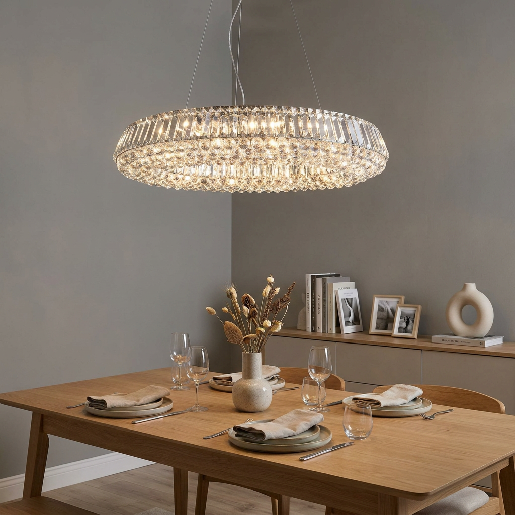 Vesuvius oval crystal pendant light illuminating a set wooden dining table in a modern grey-walled dining room.