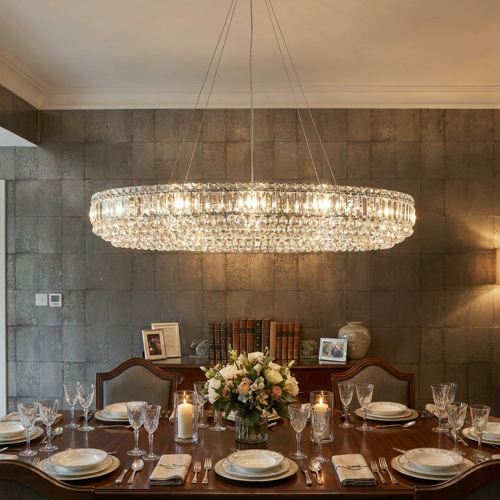Vesuvius Oval crystal pendant light hanging over a formal dining table set for a meal.