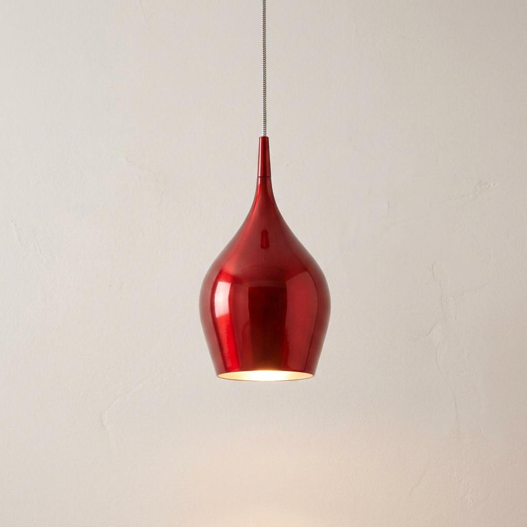 Vibrant red teardrop-shaped metal pendant light hanging against a textured neutral wall.