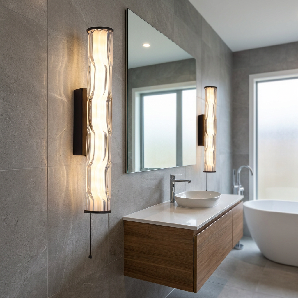 Illuminated matt black wall sconces with textured wavy glass cylinders in a modern grey tiled bathroom.