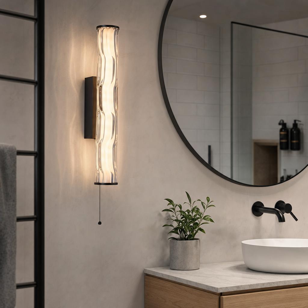 Matt black bathroom wall light with a rippled glass cylinder mounted next to a circular mirror.