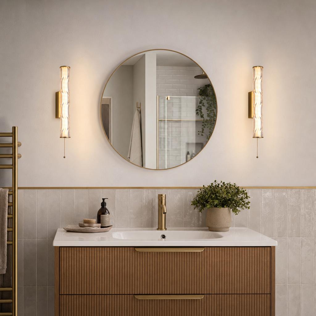 Pair of matt gold fluted glass LED wall lights flanking a circular mirror in a modern bathroom vanity setting.