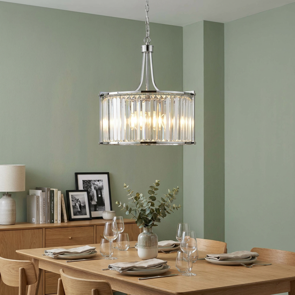 Victoria 5 light chrome and crystal drum pendant hanging above a set dining table in a green room.