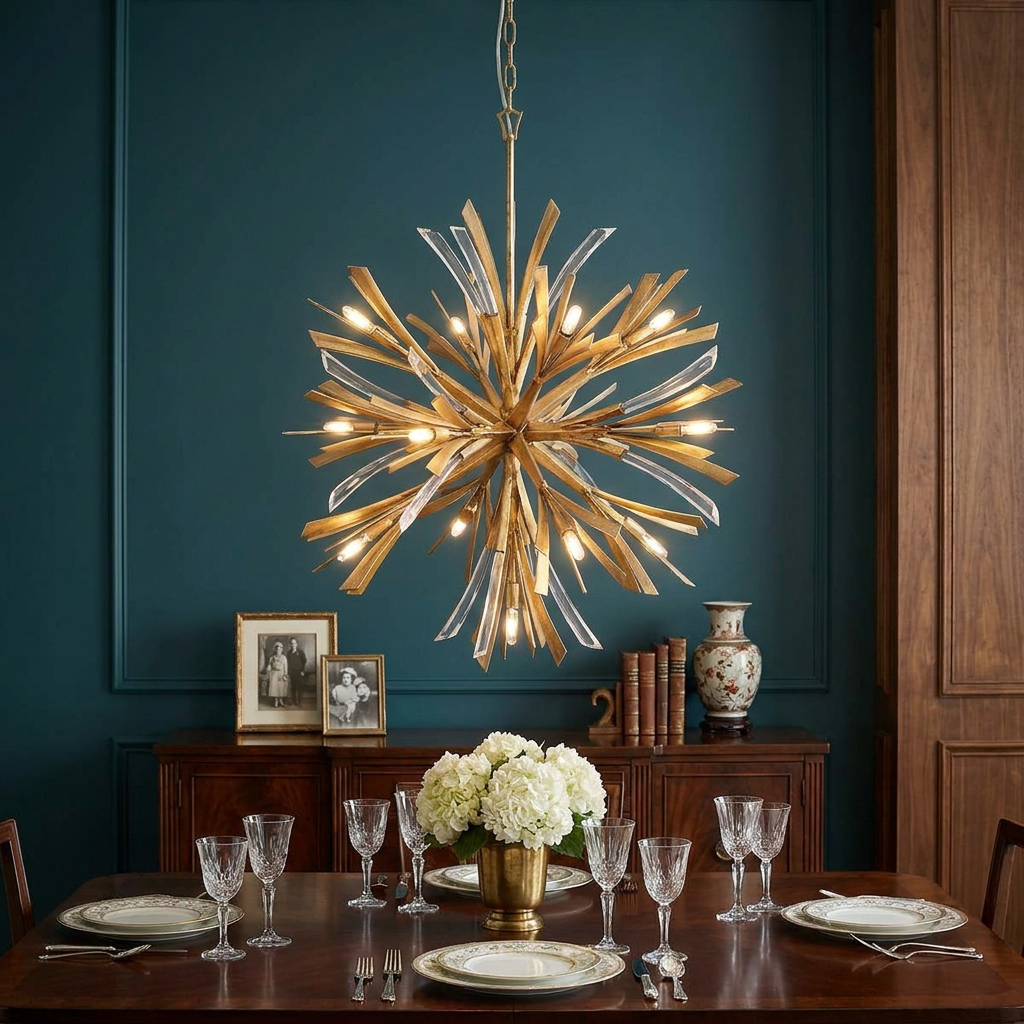 Large gold starburst pendant light with crystal accents hanging over a formally set dining table.
