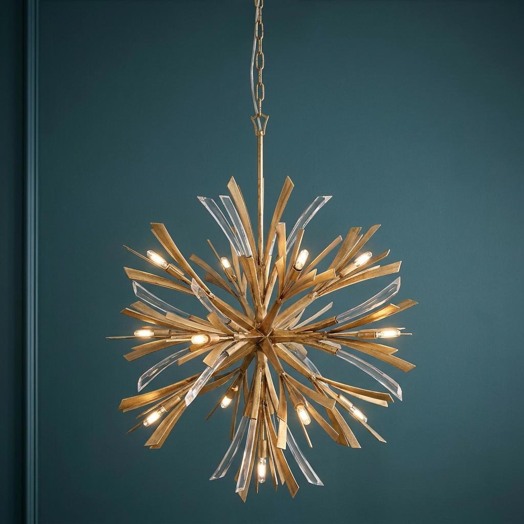 Vida starburst gold pendant light with crystal accents hanging against a dark teal wall.