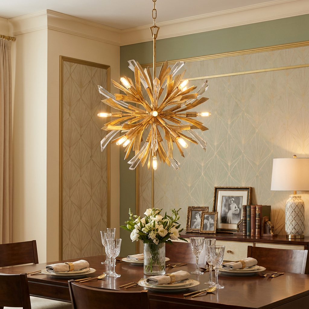 Gold starburst pendant light with crystal accents illuminating an elegantly set dining table in a warm room.
