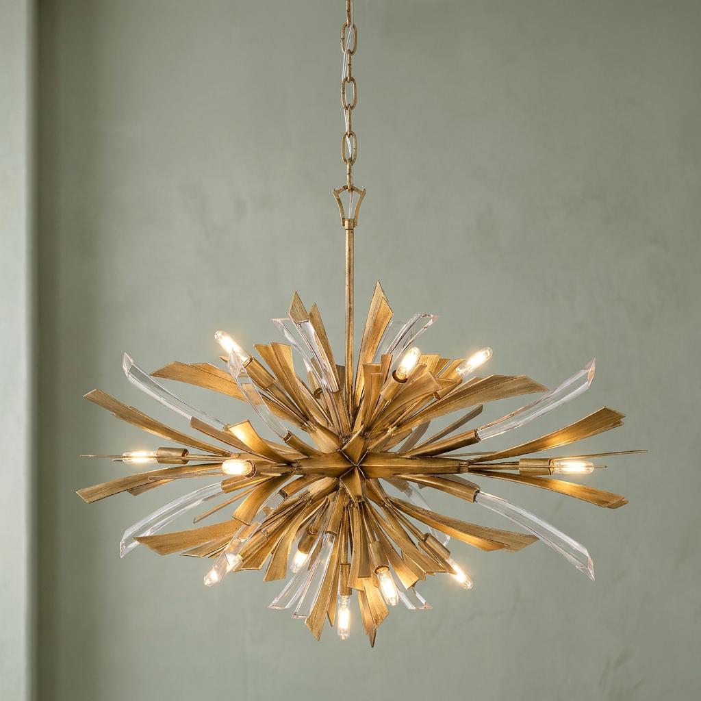 Modern starburst chandelier with gold metal and clear acrylic spikes hanging against a light green wall.