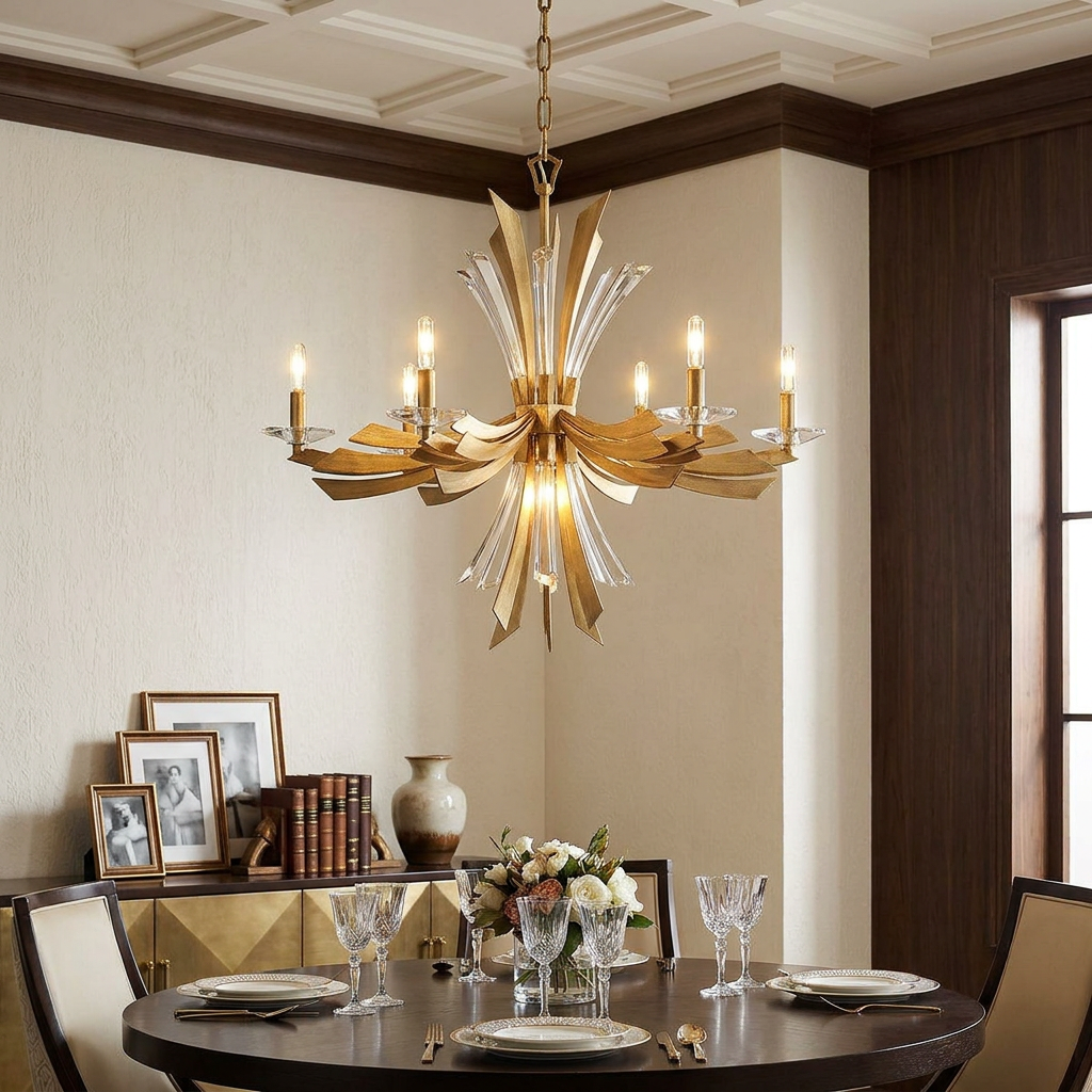 Vida 6 Light Gold Chandelier with starburst crystal accents hanging over a formal dining room table.