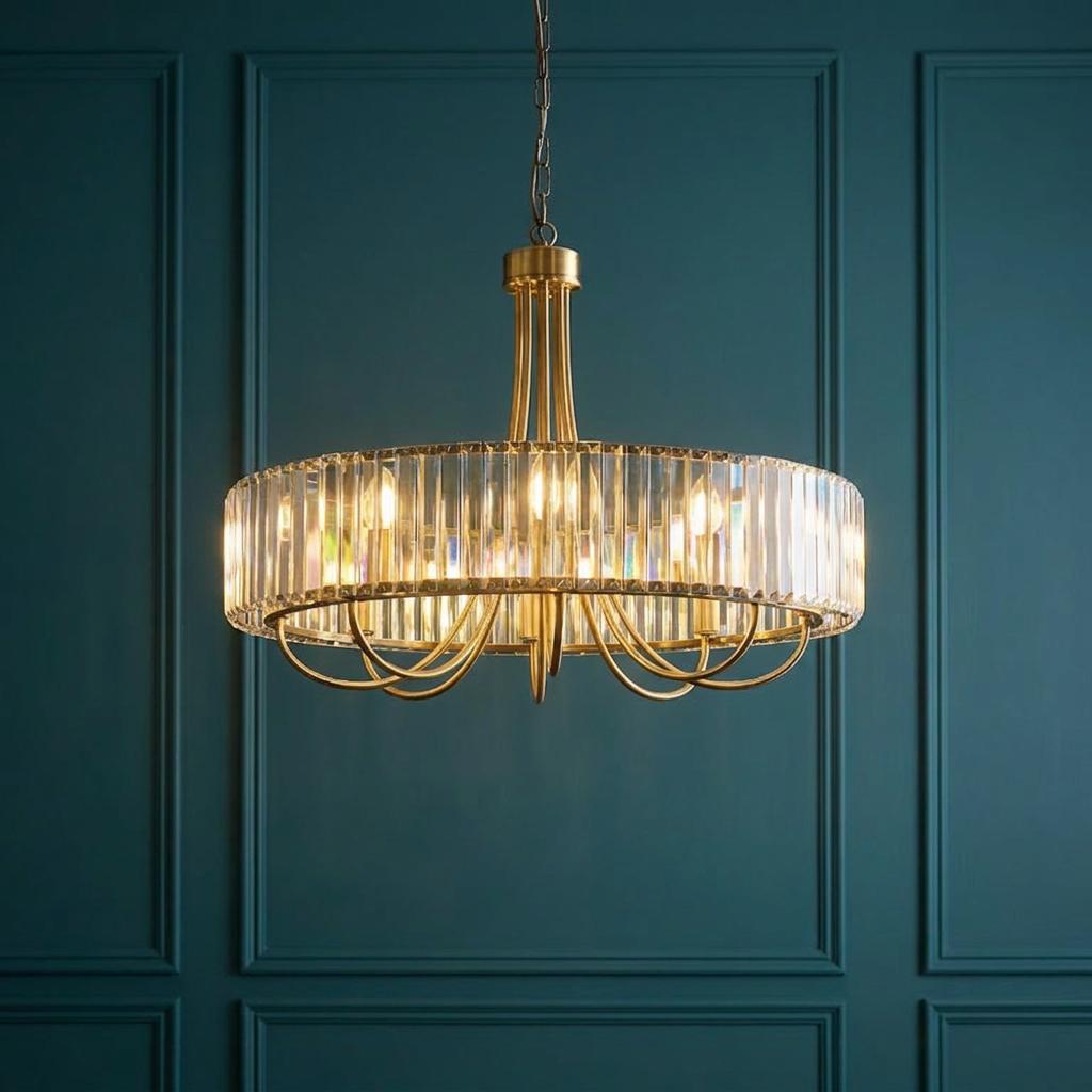 Visconti 8-light round brass pendant with clear cut glass prisms against a teal paneled wall.
