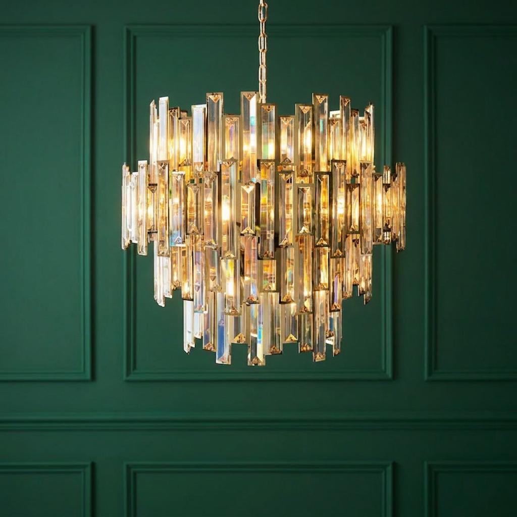 Viviana 15-light gold and champagne crystal pendant chandelier against a dark green paneled wall.