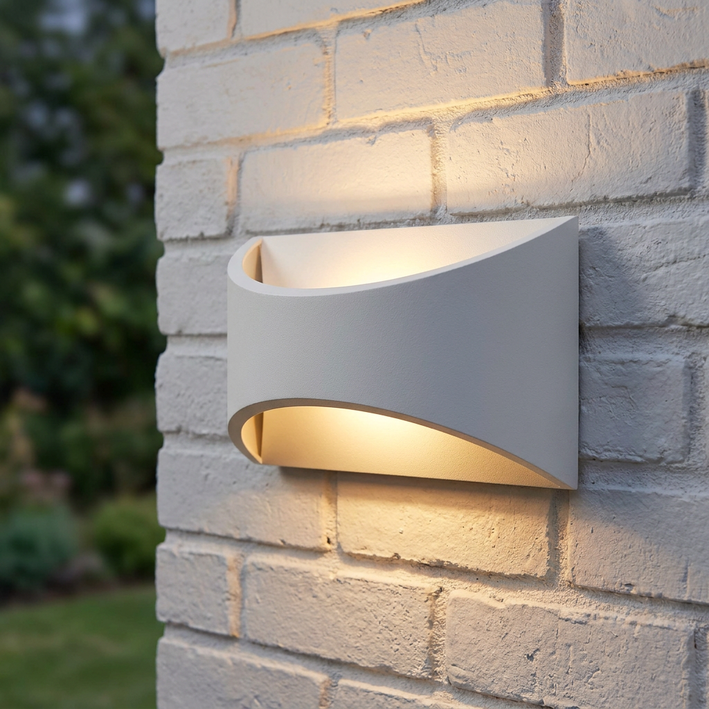 Modern white curved outdoor wall light with an up and down glow mounted on a light brick wall.