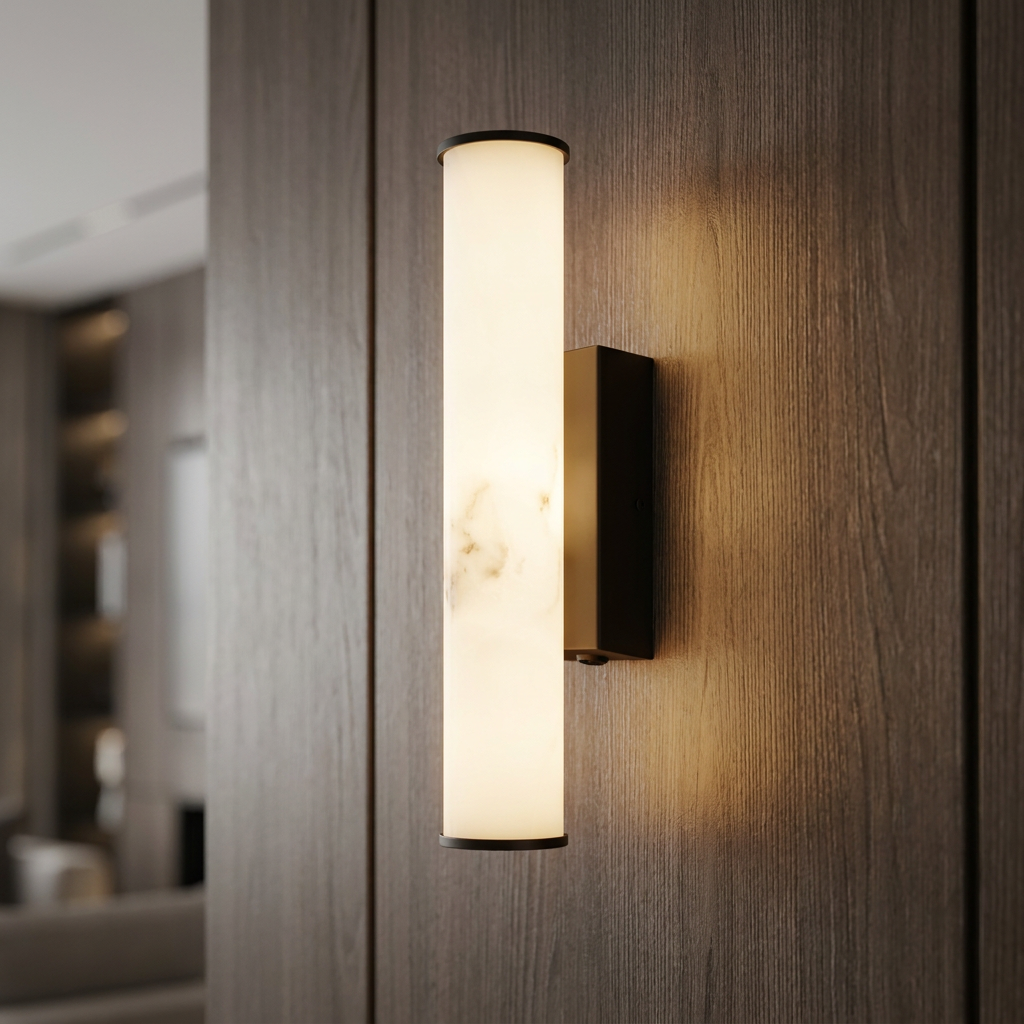 Cylindrical LED wall light with a glowing marble resin shade and black metal mounts on a dark wood wall.
