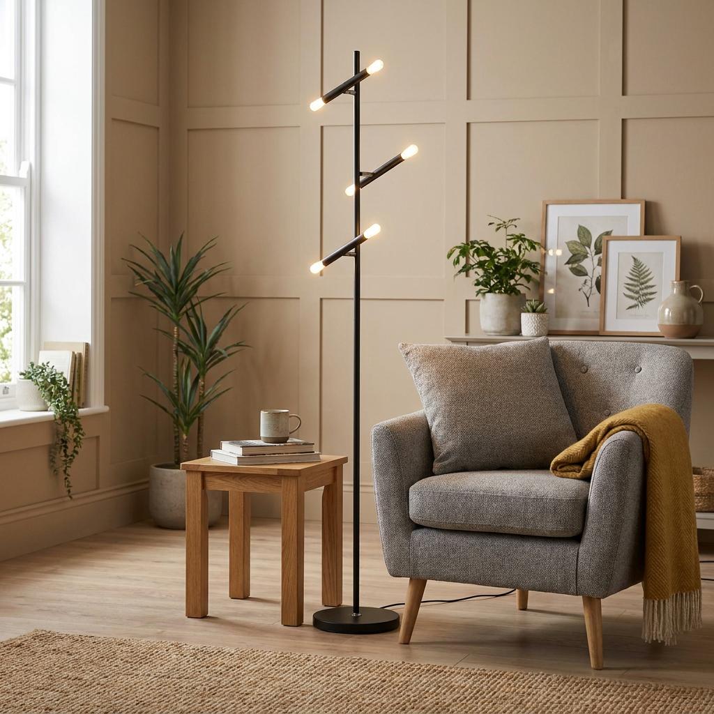 Black modern LED floor lamp with five glowing tube lights in a cozy living room with a grey armchair.